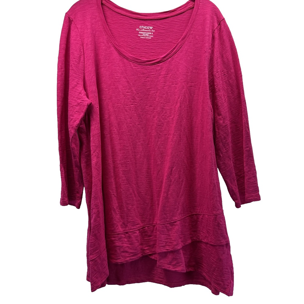 Chicos Ultimate Tee Size L Solid Pink Tunic Asymmetrical 3/4 Sleeves Slub Cotton